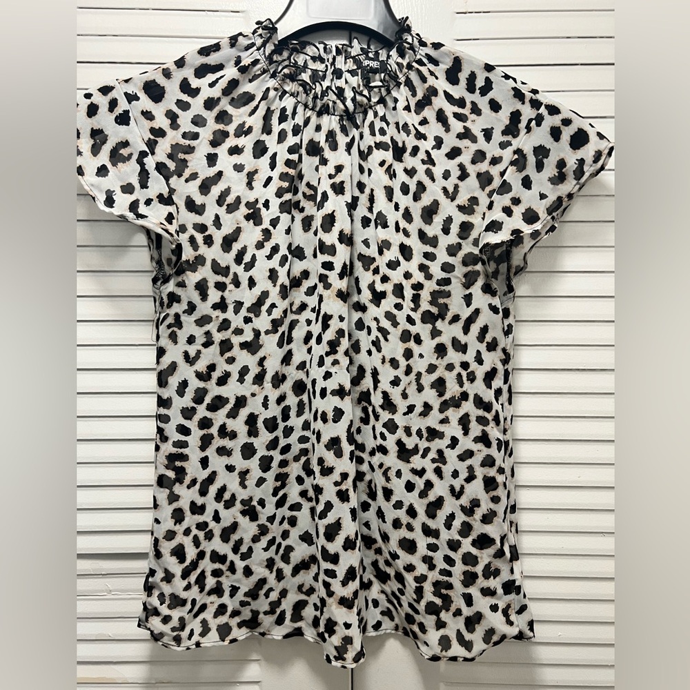 EXPRESS Leopard Print Flutter Sleeve Mock Neck Sheer Blouse in Size Medium